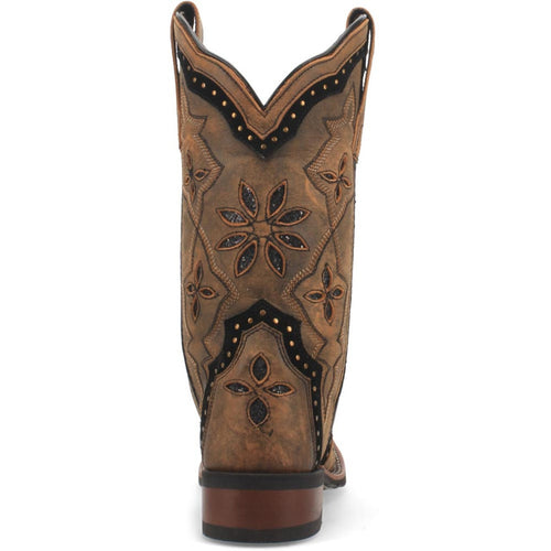 Laredo Bouquet women's boots: Honey leather, square toe, tall shaft with floral stitching in dark brown on light brown. Metal stud accents. Slightly raised heel. Robust, quality construction.
