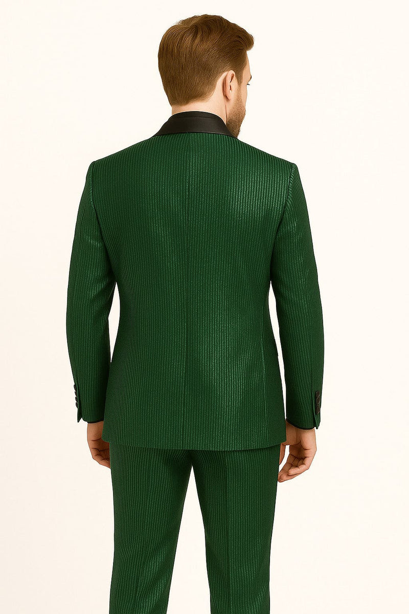 Men's Emerald Green Shiny Tuxedo with Black Satin Lapel and Matching Bow Tie Ultra Slim Fit