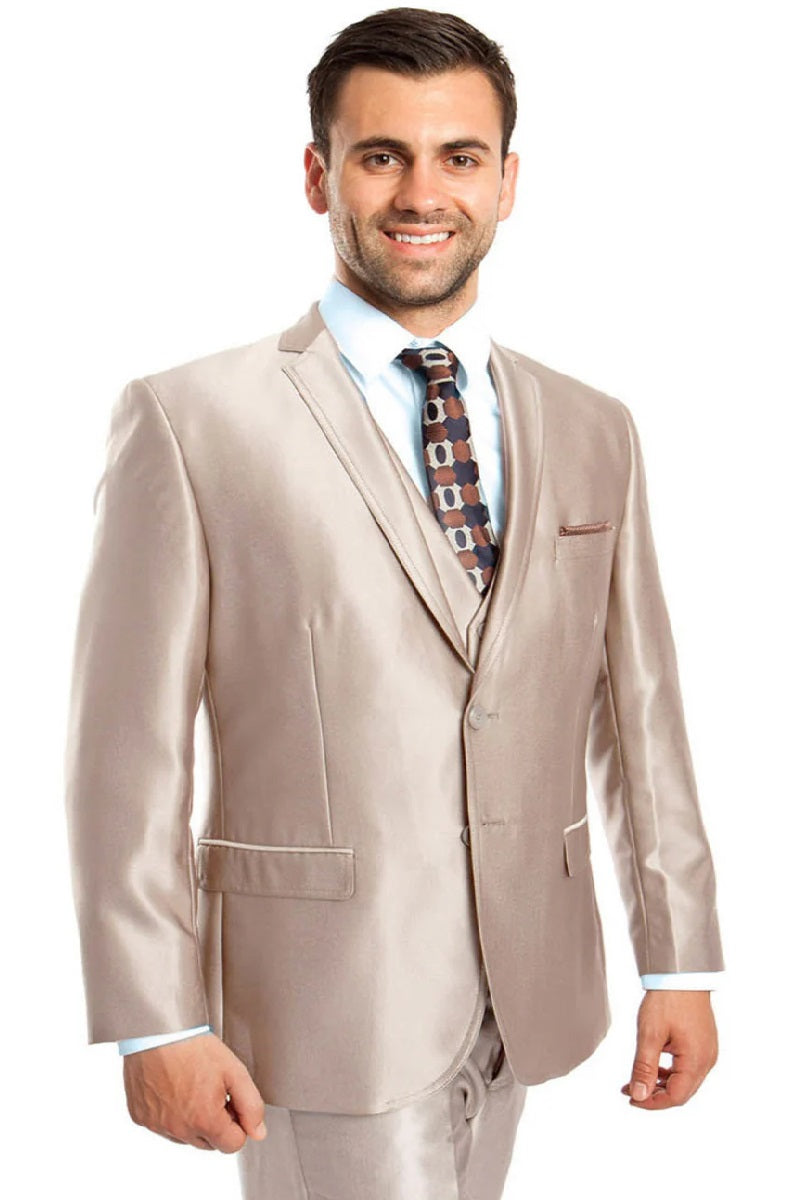 "Sharkskin Wedding Suit for Men - Two Button Vested, Champagne Light Tan" Champagne Prom 2026 Suits