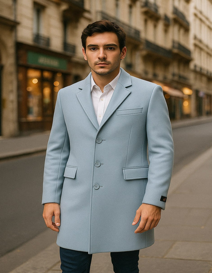 Mens Light Blue Wool Overcoat - Classic Single-Breasted Long Coat - Sky Blue Carcoat Wool Fabric