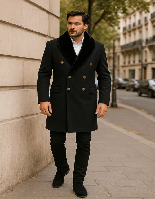 Men’s Black Double-Breasted Overcoat with Faux Fur Collar and Gold Buttons