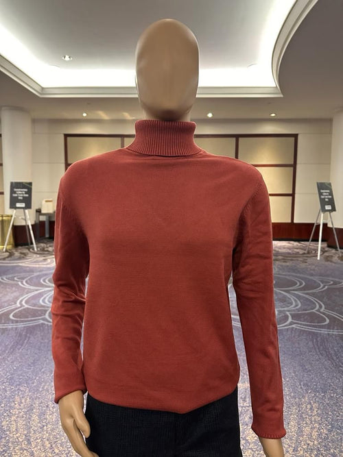 Mens Rust Red Turtleneck Sweater â€“ Slim fit Lightweight Knit Pullover in Brick Color