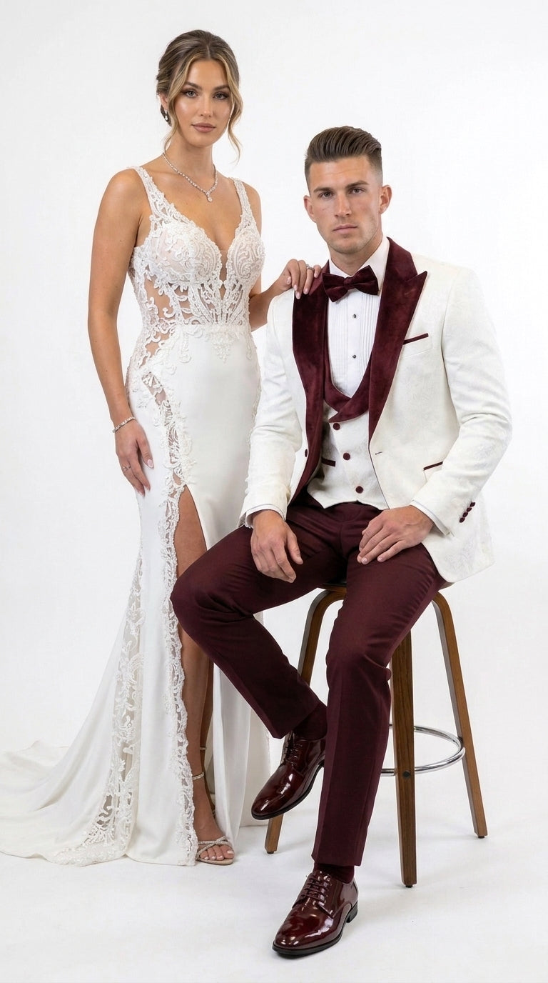Men’s White and Burgundy Vested Tuxedo Suit, Formal Wedding Groom Prom Dinner Suit