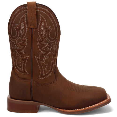 Dan Post Brigston western boots. Brown leather, broad square toe. Intricate shaft stitching. Durable sole, slightly raised heel for stability.
