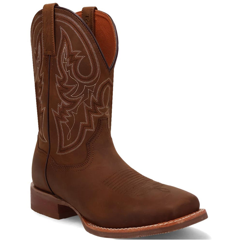 Dan Post Brigston men's brown leather western boots. Smooth, dark brown leather, broad square toe, decorative stitching, and slight heel. Orange interior lining. Pull tabs for easy wear.
