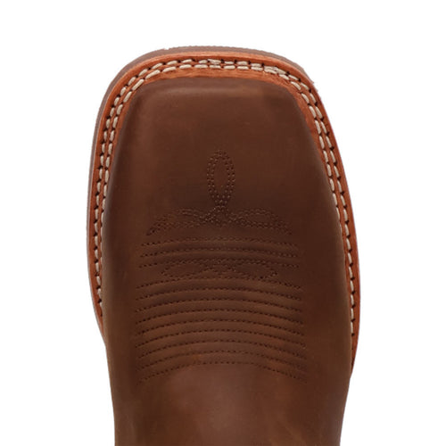 Dan Post Brigston men's western boots. Brown leather, broad square toe, embossed toe pattern. Features visible stitching and smooth finish in rich brown.
