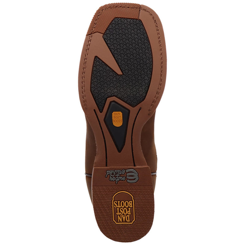 Dan Post Brigston men's brown leather western boot sole. Broad square toe, brown leather upper. Patterned rubber tread for traction and durability.
