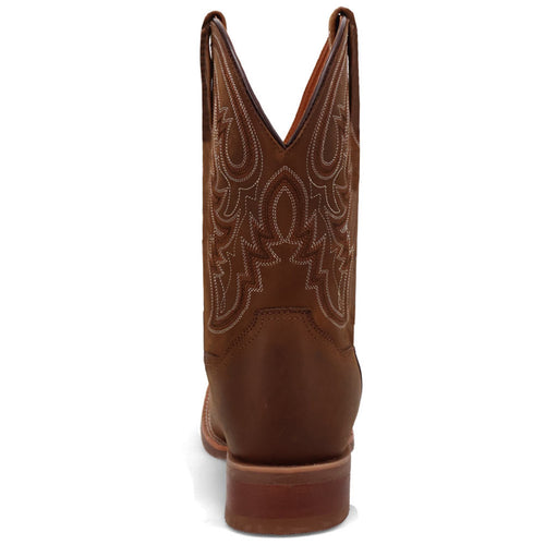 Dan Post Brigston brown leather western boots. Broad square toe, tall shaft with white stitching, pointed tops. Rich brown color, lighter toe/heel, stacked sole.
