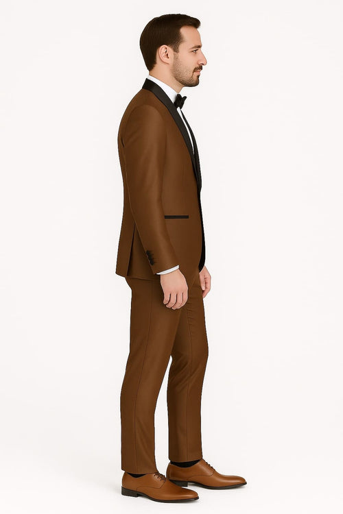 Mens Bronze Satin Shawl Lapel Tuxedo Suit â€“ Light Brown Coffee Color