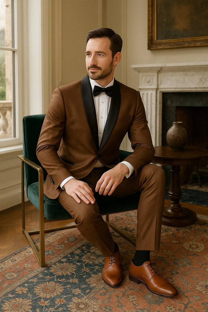 Mens Bronze Satin Shawl Lapel Tuxedo Suit Light Brown Coffee Color
