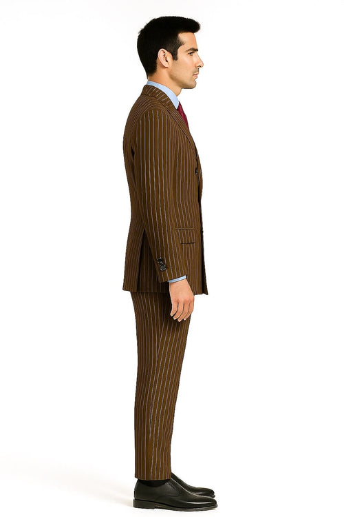 Brown pinstripe double-breasted suit for men with six-button design. Features structured shoulders, tailored fit, and slim trousers. Likely wool or blend. Styled with a light blue shirt and burgundy tie.

