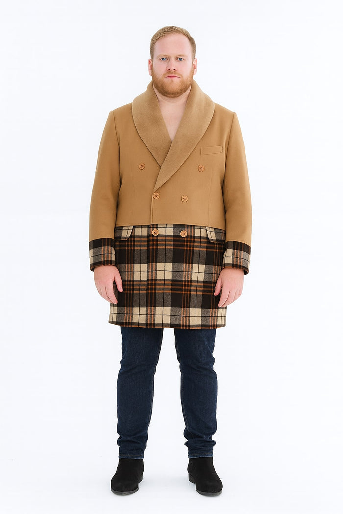 Men's camel brown double-breasted overcoat. Solid upper, plaid wool lower (brown, beige, orange). Fur collar, two front pockets.
