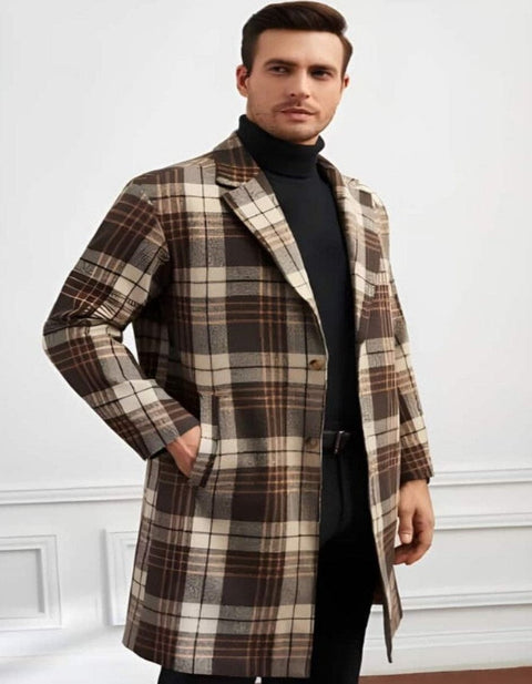 Plaid Wool Overcoat â€“ Brown & Camel Mixed Color Topcoat