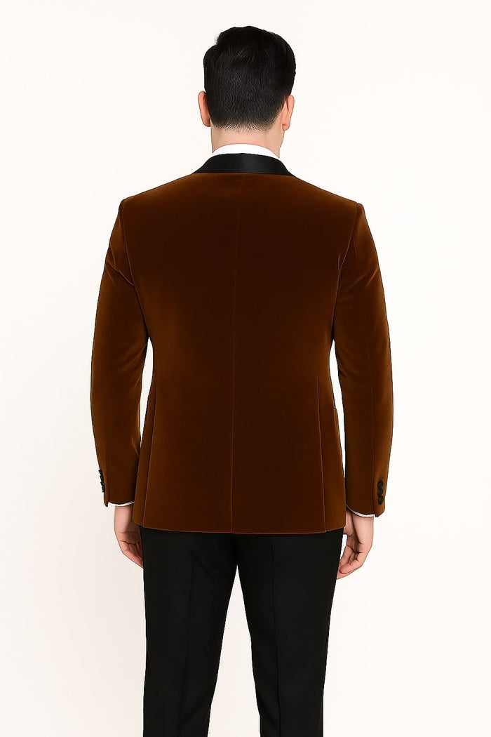 Mens Brown Velvet Tuxedo with Black Satin Shawl Lapel One Button Formal Suit Jacket