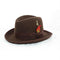 Men's brown homburg hat crafted from 100% wool. It features a rounded crown, flat brim, and decorative band with a colorful feather accent.