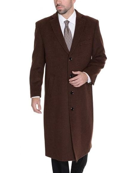 Mens Overcoat -Mens Long Wool Topcoats- Topcoat For Men-Men's Dress Coat 3 Buttons Brown Full Length %65 Wool Blend Overcoat Top Coat