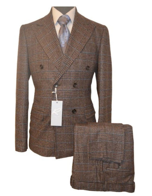 Vintage Suit - Rossiman Suit - Brown and Blue Mix Windowpane Suit - Glen Plaid Suit