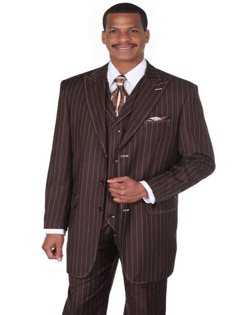 Mens Vintage Vested Gangster Bold Pinstripe Fashion Brown Suit