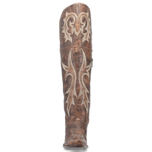 Dan Post Men's brown over-the-knee boot. Tall, narrow design with a snip toe. Brown leather with textured look. Contrasting decorative stitching on the shaft. Side zipper for easy wear.
