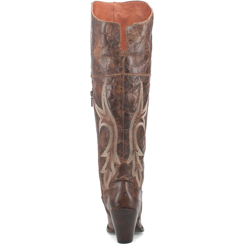 Dan Post men's brown Jilted 20 snip-toe over-the-knee boot. Distressed brown leather, decorative stitching, side zipper. Tall, structured design, tapered heel, contrasting interior.