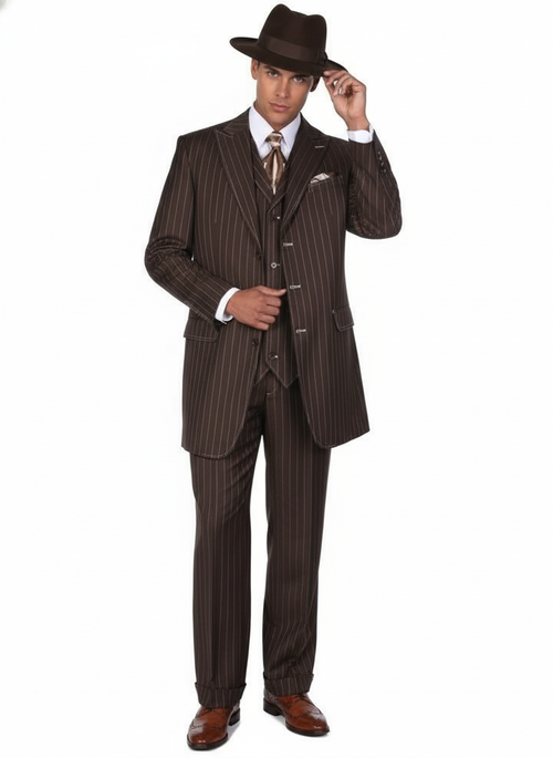 Alberto Nardoni men's brown pinstripe 3-piece suit. Includes jacket (notched collar, 3 buttons, pocket square), trousers (straight cut), and waistcoat.