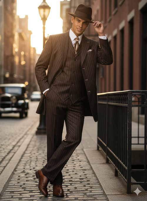 Alberto Nardoni men's 3-piece suit in dark brown pinstripe. Fitted jacket with notched lapels, matching vest, and tailored straight-leg trousers. Classic design, three-button jacket, sleek silhouette. Includes tie and pocket square.