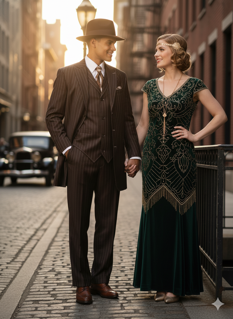 Alberto Nardoni men's brown pinstripe three-piece suit. Tailored jacket with notch lapel, fitted silhouette. Straight-cut trousers. Matching waistcoat with button closures. Smooth fabric, pinstripe detail.

