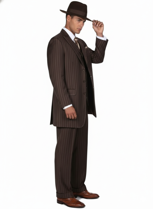 Alberto Nardoni men's 3-piece suit in brown pinstripe. Includes blazer (notched collar, button front), vest, and trousers. Smooth, slightly shiny material. Darker brown pinstripes on lighter brown. Brown shoes complete the look.