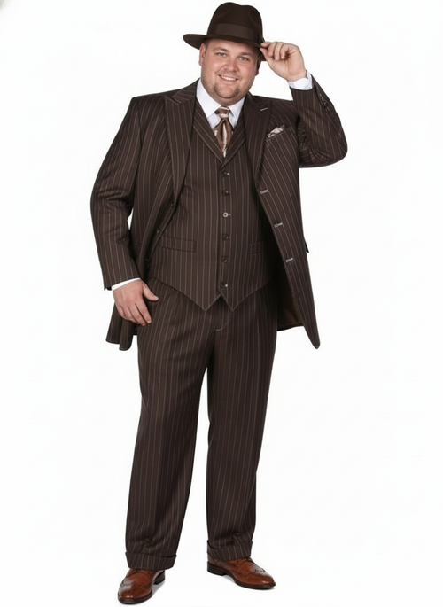 Men's dark brown 3-piece pinstripe suit. Includes tailored jacket (notched lapel), vest, and straight-leg trousers. Lighter pinstripes. Features leather shoes and hat. Fully lined.
