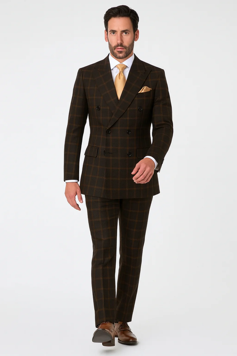 Men's brown plaid double-breasted wool suit. Tailored, structured fit with an elongated coat. Features a brown plaid pattern in varying shades. Jacket with double rows of buttons, straight-leg pants.

