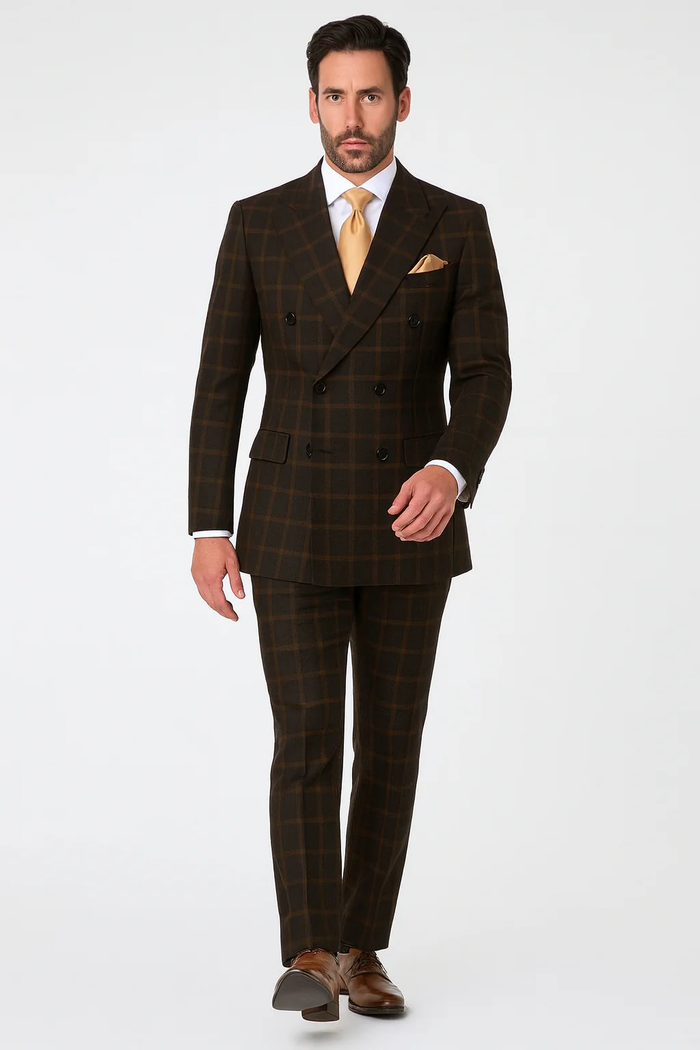 Men's brown plaid double-breasted wool suit. Tailored, structured fit with an elongated coat. Features a brown plaid pattern in varying shades. Jacket with double rows of buttons, straight-leg pants.
