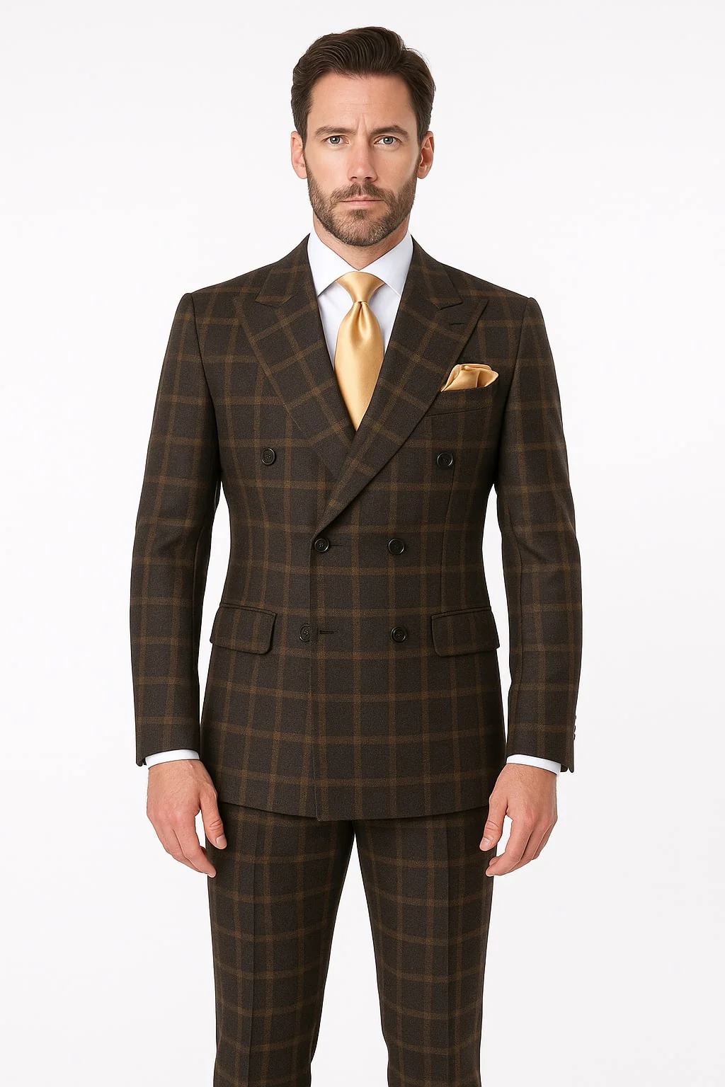 Men's Brown Plaid Double-Breasted Wool Suits – Classic Windowpane Two-Piece Formal Suits By Rossiman