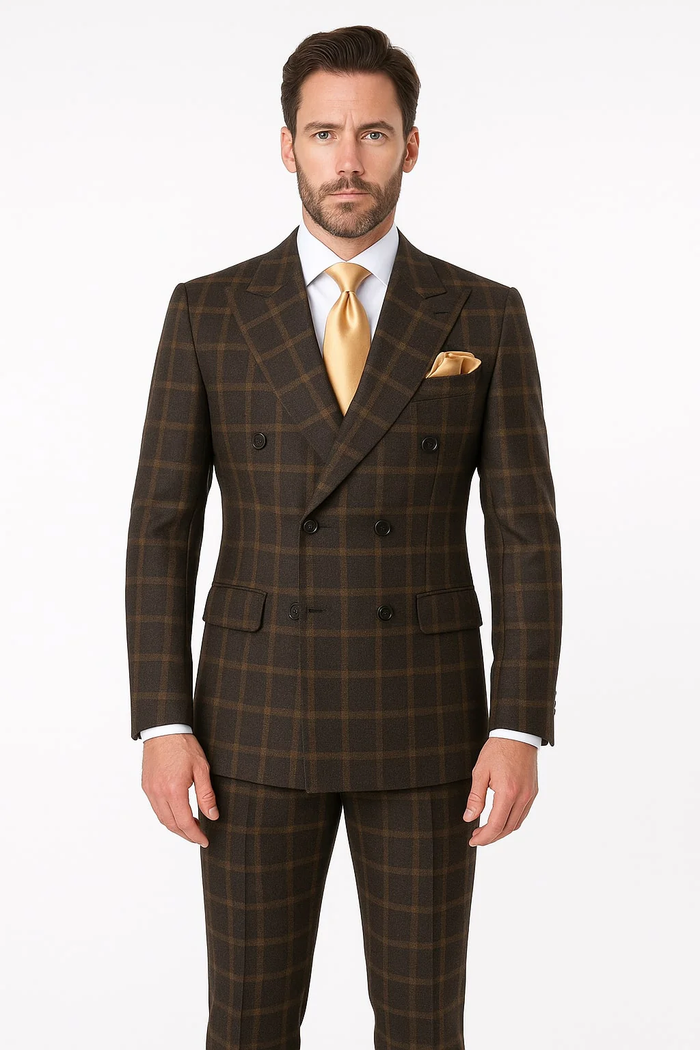 Alberto Nardoni men's brown plaid wool suit. Double-breasted jacket with peak lapels, matching tailored trousers. Structured silhouette, dark brown & golden plaid pattern.
