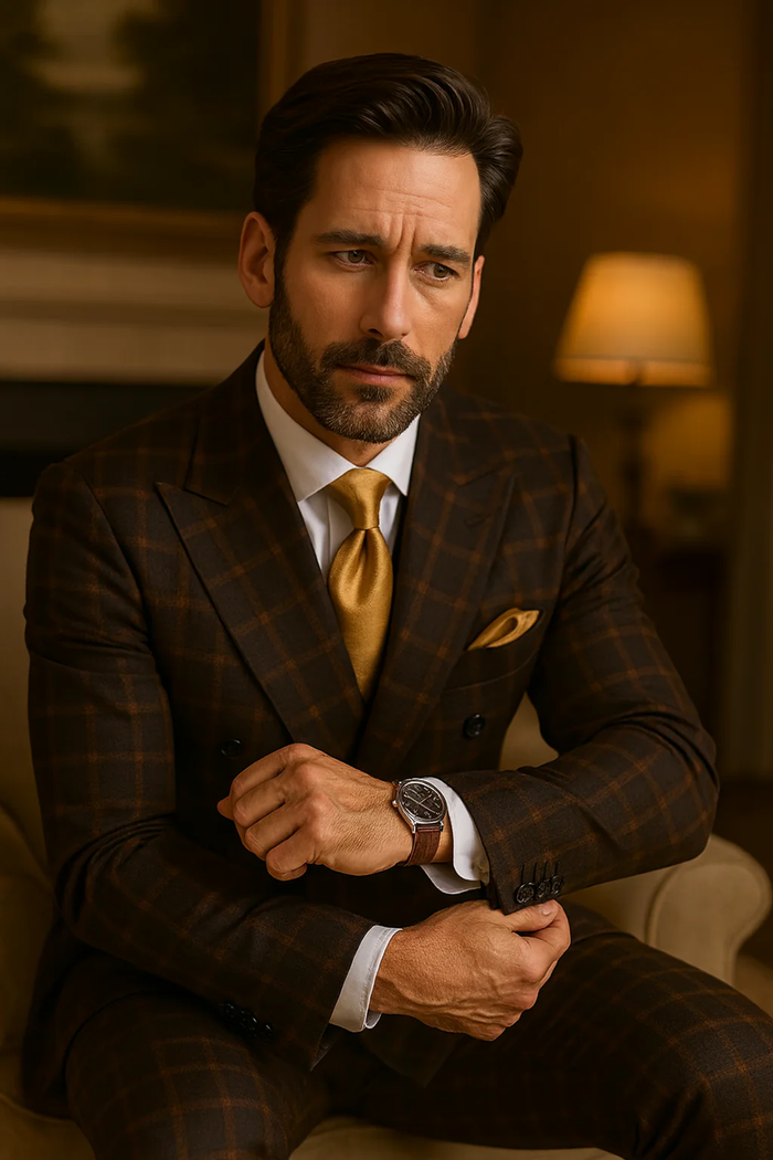 Men's brown plaid double-breasted wool suit with a classic design. Brown base, contrasting check pattern. Textured wool, structured jacket, distinct lapels. Paired with white shirt, yellow tie, matching pocket square.
