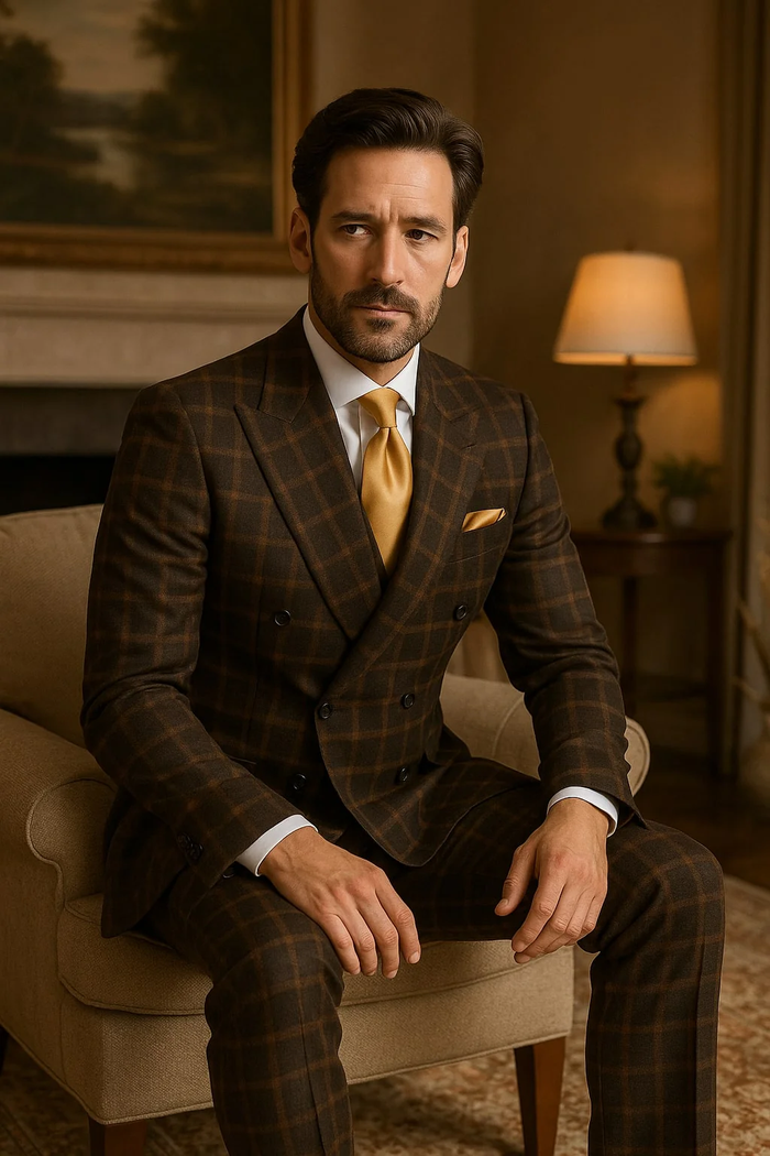Brown plaid wool double-breasted men's suit. Structured blazer with wide lapels, tailored fit. Dark brown base with lighter plaid. Matching trousers. Includes white shirt, yellow tie, and pocket square.
