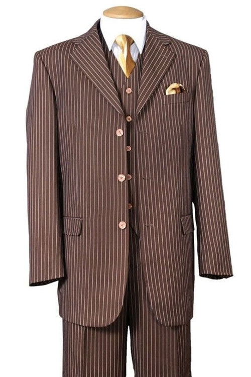 1920's Gangster Pinstripe Vested Suit - Men's 3 Button Bold in Brown