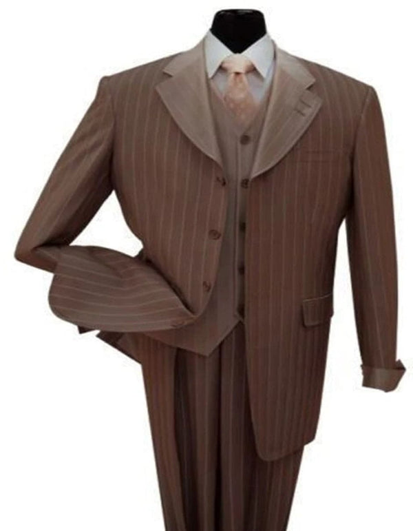 Mens Vested Shiny Sharkskin Pinstripe Fashion Zoot Brown Suit