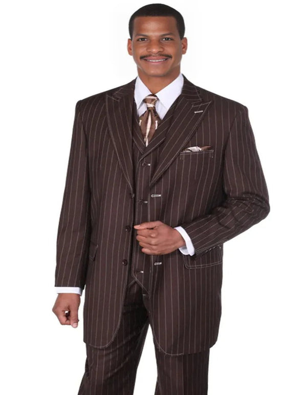 Mens Vintage Vested Gangster Bold Pinstripe Brown Fashion Suit