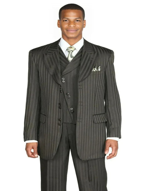 Mens Fashion Slanted Vested Peak Lapel Tonal Pinstripe Brown Suit