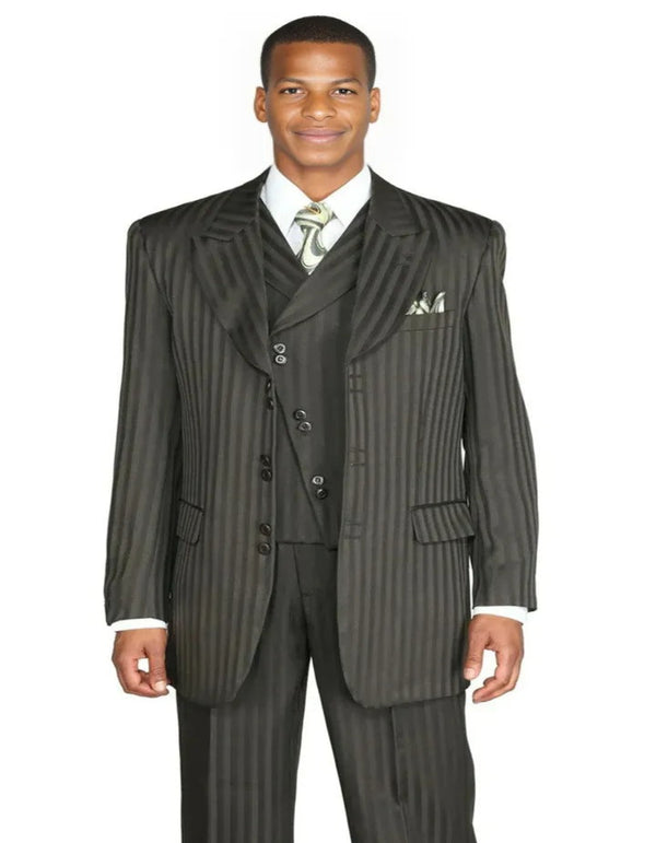 Mens Fashion Slanted Vested Peak Lapel Tonal Pinstripe Brown Suit