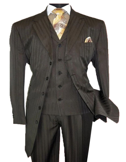 Mens Long Fashion Vested Tonal Pinstripe Zoot Brown Suit