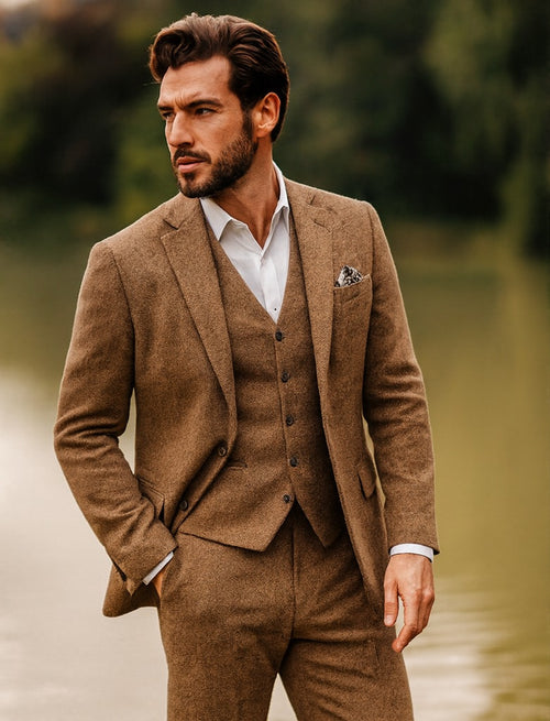 Brown Tweed Suit - Vintage Glasgow Brown Tweed Fabric - Two Button Jacket Style