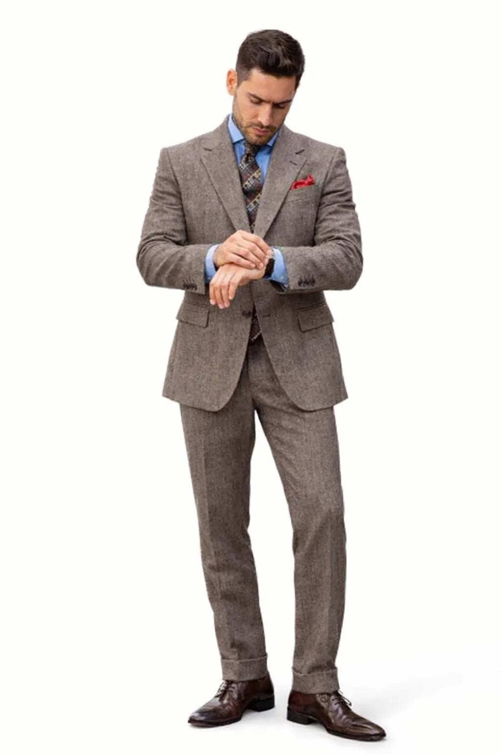 Brown Tweed Suit - Mens Brown Tweed Suit - Two Welted Pocket on Trousers