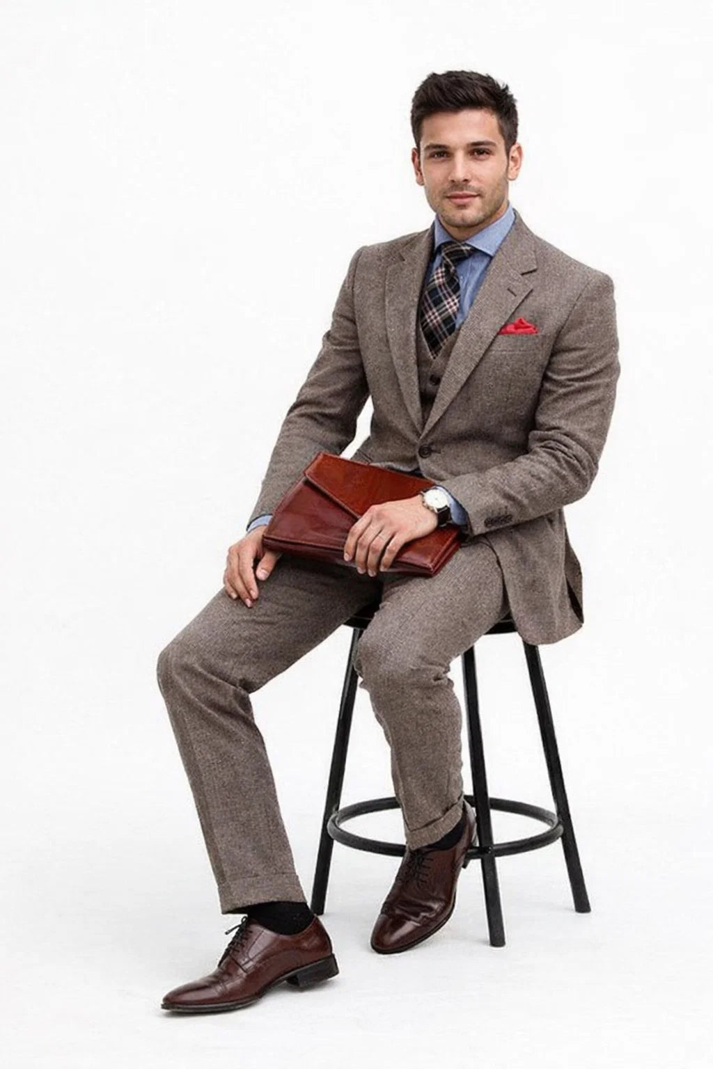 Brown Tweed Suit - Mens Brown Tweed Suit - Two Welted Pocket on Trousers