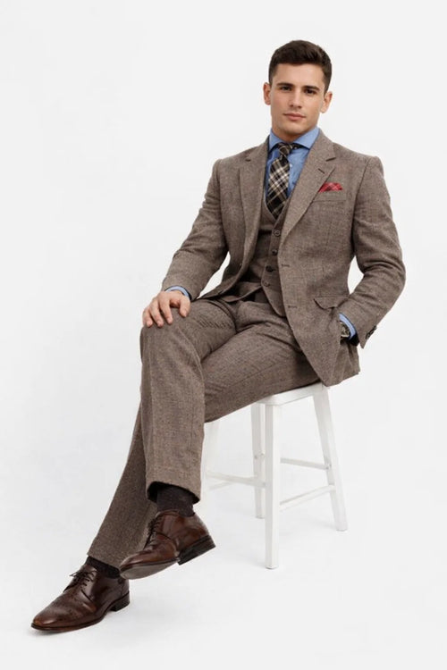 Brown Tweed Suit - Mens Brown Tweed Suit - Two Welted Pocket on Trousers