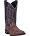 Laredo Men's Montana boot: Tall, dark brown leather shaft with decorative stitching and a lighter brown vamp. Pointed toe, stacked heel, and V-cut opening. Durable hard rubber sole.
