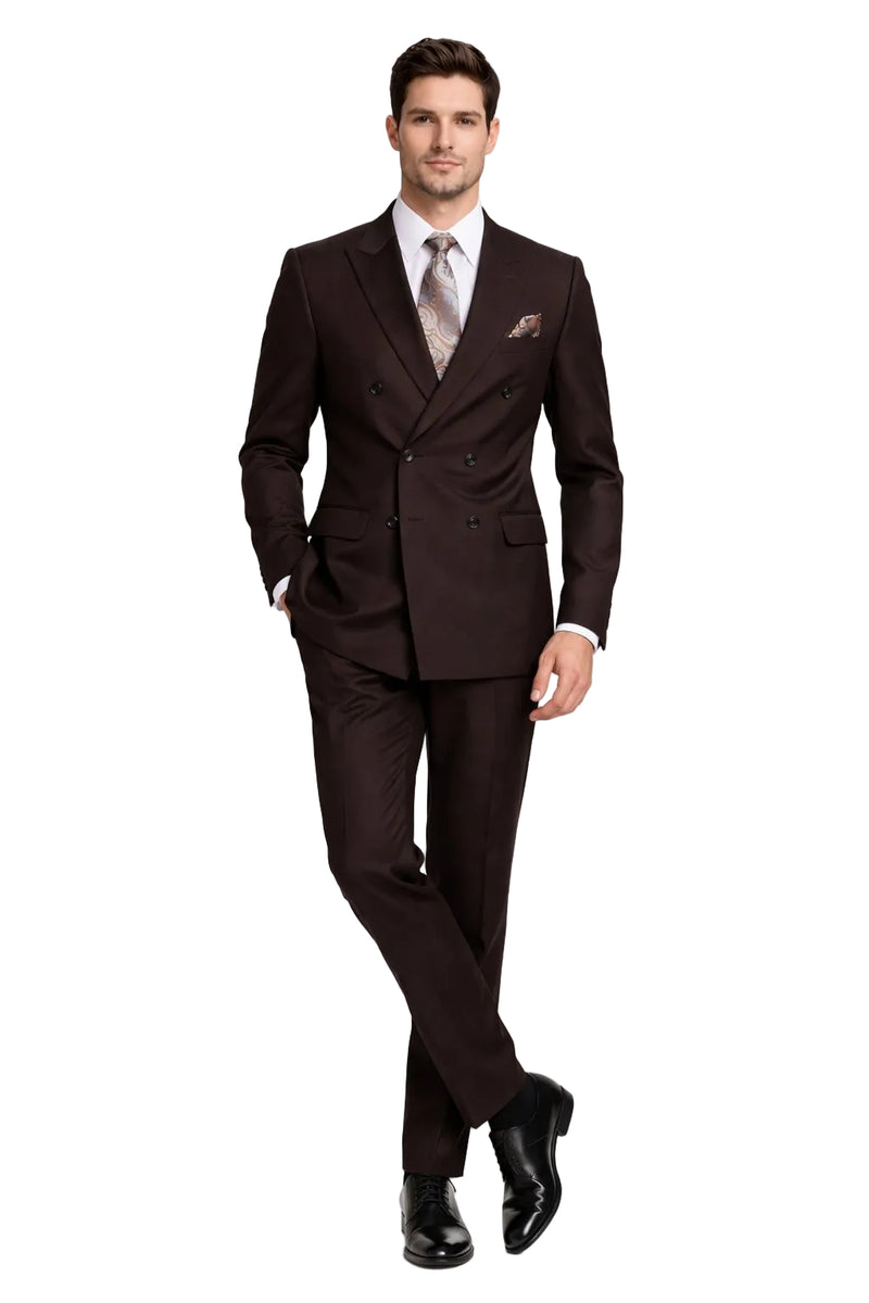 Men's Designer Double Breasted Wool Suit in Brown
