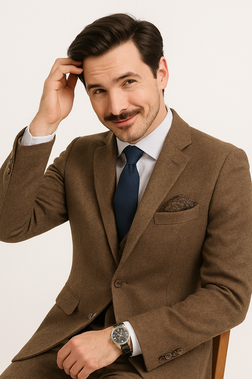 Tweed Suit 1920s Vintage Looking Fabric Vested Brown Herringbone Fabric Suit