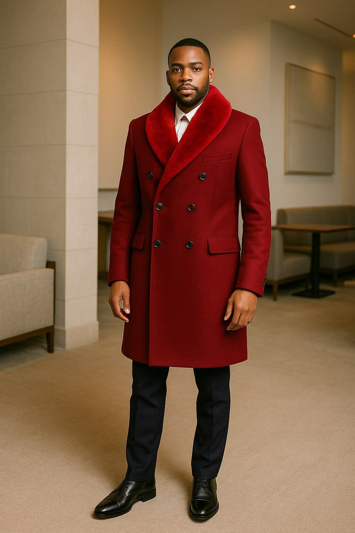 Mens Double-Breasted Burgundy Overcoat with Red Faux Fur Shawl Collar â€“ Alberto Nardoni Winter Coat