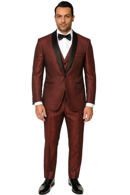 Alberto Nardoni men's burgundy tuxedo jacket. Shiny, striped fabric, satin shawl collar, single-button closure, and fitted silhouette. Features two front pockets. Formal wear.
